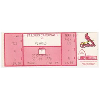 1998 Mark McGwire Home Run Record Breaking Season Cardinals/Pirates UNUSED Baseball Game Ticket - RARE