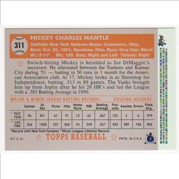 Mickey Mantle 1952 Topps #311 Rookie Commemorative Card - 2006 Topps #25 Rookie Of The Week Card
