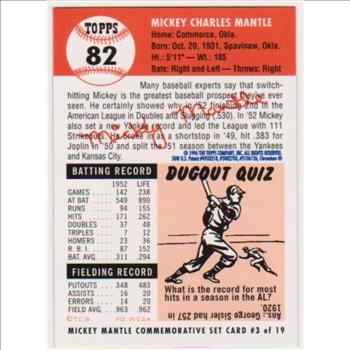 Mickey Mantle 1953 Topps Finest #82 Commemorative Card - 1996 Topps #3 of 19 Insert Card