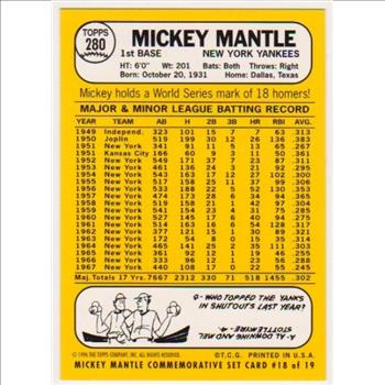 Mickey Mantle 1968 Topps #280 Commemorative Card - 1996 Topps #18 of 19 Insert Card