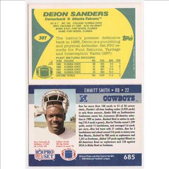 1991 Wild Card 1990 Pro Set Emmitt Smith #685 + 1989 Topps Deion Sanders #30T Rookie Card Pair