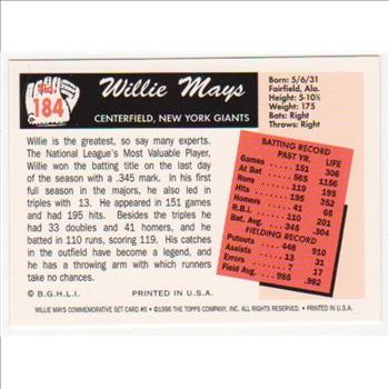 Willie Mays 1955 Bowman #184 Commemorative Card - 1997 Topps #6 Insert Card