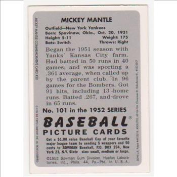 Mickey Mantle 1952 Bowman #20 Commemorative Insert Card