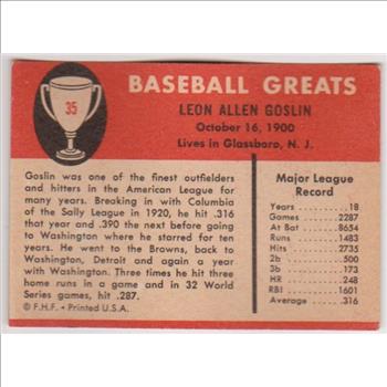 1961 Fleer Goose Goslin #35 Card - HOF'er