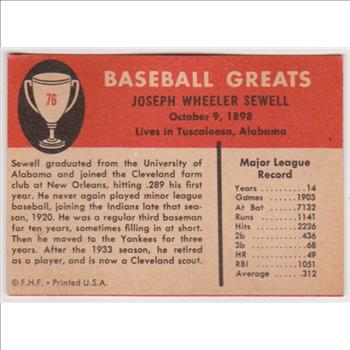 1961 Fleer Joe Sewell #76 Card - HOF'er