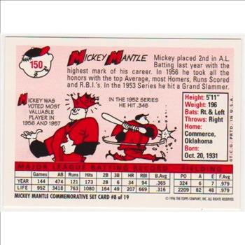 Mickey Mantle 1958 Topps #150 Commemorative Card - 1996 Topps #8 of 19 Insert Card