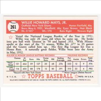 Willie Mays 1952 Topps #261 Commemorative Card - 1997 Topps #2 Insert Card