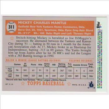 Mickey Mantle 1952 Topps #311 Rookie Commemorative Card - 2006 Topps #25 Rookie Of The Week Card
