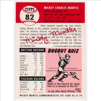 Mickey Mantle 1953 Topps #82 Commemorative Card - 1996 Topps #3 of 19 Insert Card