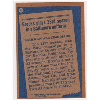 1978 Topps Brooks Robinson #4 Card - HOF'er