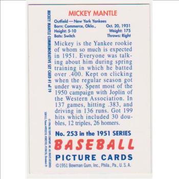 Mickey Mantle 1951 Bowman #253 Commemorative Card - 1996 Topps Finest #1 of 19 Insert Card