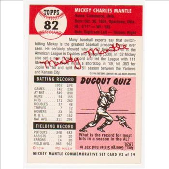 Mickey Mantle 1953 Topps #82 Commemorative Card - 1996 Topps #3 of 19 Insert Card