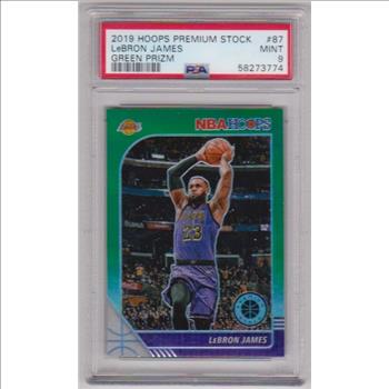 Graded PSA Mint 9 - Lebron James 2019-20 Hoops Premium Stock Green Prizm #87 Parallel Card