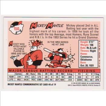 Mickey Mantle 1958 Topps Finest #150 Commemorative Card - 1996 Topps #8 of 19 Insert Card