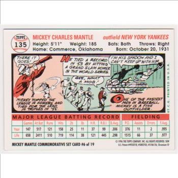 Mickey Mantle 1956 Topps #135 Commemorative Card - 1996 Topps Finest #6 of 19 Insert Card