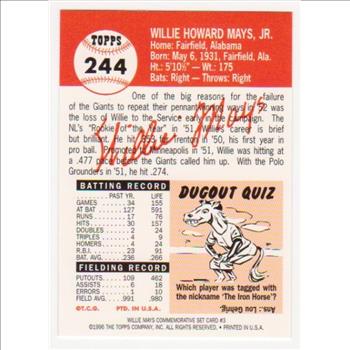 Willie Mays 1953 Topps #244 Commemorative Card - 1997 Topps #3 Insert Card