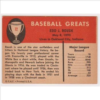 1961 Fleer Edd Roush #72 Card - HOF'er