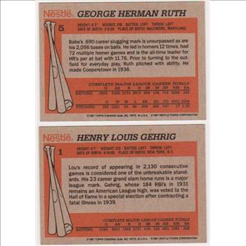 1987 Topps Nestle Babe Ruth #5 + Lou Gehrig #1 Card Pair - HOF'ers