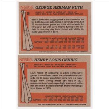 1987 Topps Nestle Babe Ruth #5 + Lou Gehrig #1 Card Pair - HOF'ers