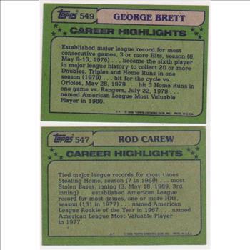 1982 Topps George Brett #549 + Rod Carew #547 Card Pair 