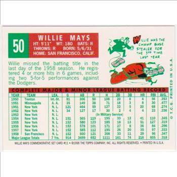 Willie Mays 1959 Topps #50 Commemorative Card - 1997 Topps #11 Insert Card