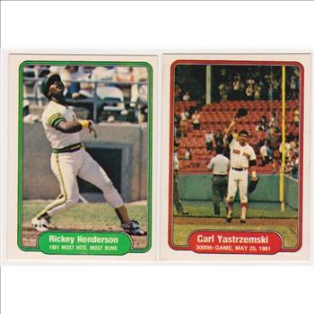 1982 Fleer Rickey Henderson #643 + Carl Yastrzemski #633 Card Pair ...