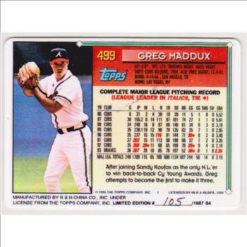 1994 Topps Greg Maddux #499 Porcelain Card