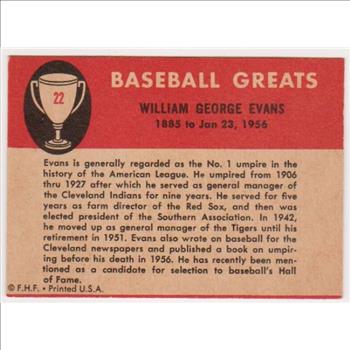 1961 Fleer Billy Evans #22 Card - HOF'er