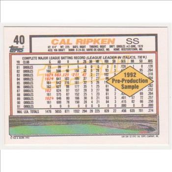 1992 Topps Gold Pre-Production Cal Ripken, Jr. #40 Sample Card