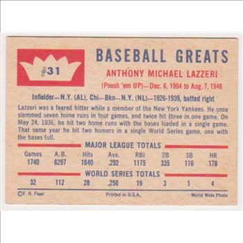 1960 Fleer Tony Lazzeri #31 Card - HOF'er