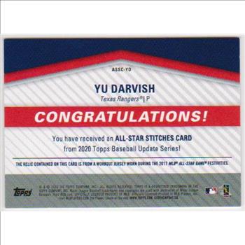 2020 Topps Update Yu Darvish All-Star Stitches Relic Worn Workout Jersey #ASSC-YD Insert Card
