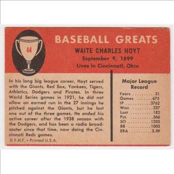 1961 Fleer Waite Hoyt #44 Card - HOF'er