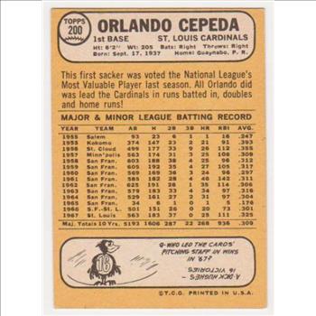 1968 Topps Orlando Cepeda #200 Card - HOF'er