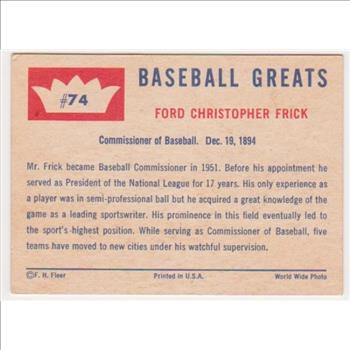 1960 Fleer Ford Frick #74 Card - HOF'er