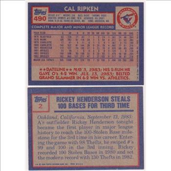 1984 Topps Cal Ripken #490 + Rickey Henderson #2 Card Pair