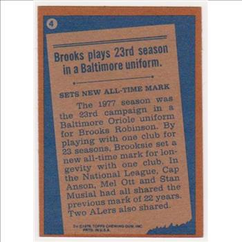1978 Topps Brooks Robinson #4 Card - HOF'er