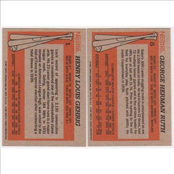 1987 Topps Nestle Babe Ruth #5 + Lou Gehrig #1 Card Pair - HOF'ers