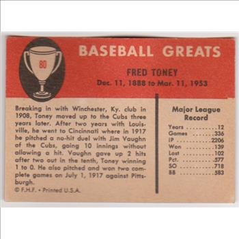 1961 Fleer Fred Toney #80 Card