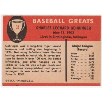 1961 Fleer Charlie Gehringer #32 Card - HOF'er
