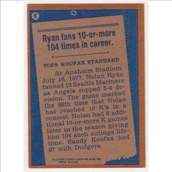 1978 Topps Nolan Ryan #6 Card - HOF'er