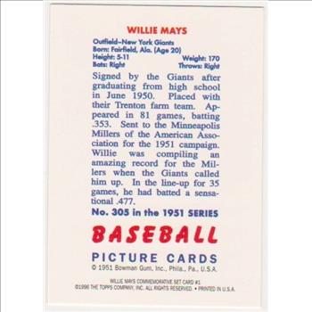 Willie Mays 1951 Bowman #305 Commemorative Card - 1997 Topps #1 Insert Card