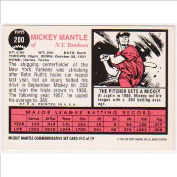 Mickey Mantle 1962 Topps #200 Commemorative Card - 1996 Topps #12 of 19 Insert Card