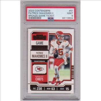 Graded PSA Mint 9 - Patrick Mahomes 2023 Panini Contenders Bronze Game Ticket #51 Card