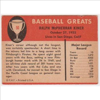 1961 Fleer Ralph Kiner #50 Card - HOF'er