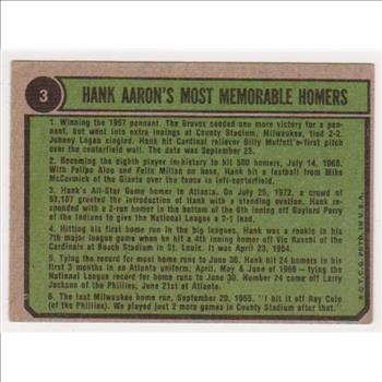 1974 Topps Hank Aaron #3 Card - HOF'er