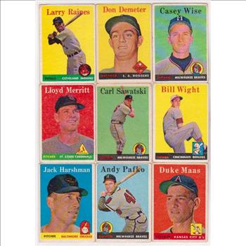 9 Different 1958 Topps Baseball Cards - Vintage Collection