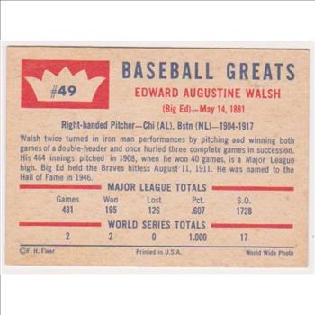 1960 Fleer Ed Walsh #49 Card - HOF'er