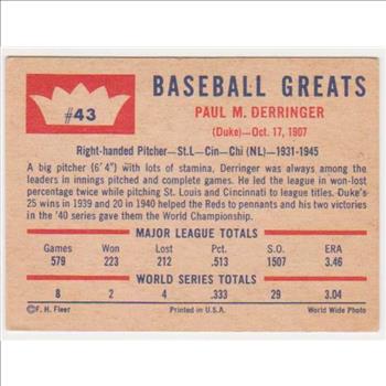 1960 Fleer Paul Derringer #43 Card