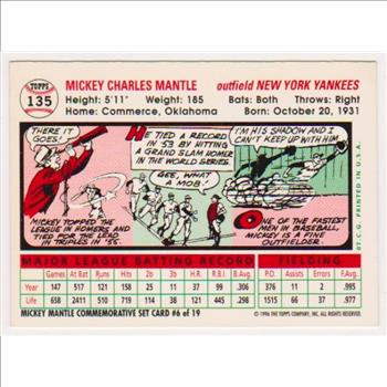 Mickey Mantle 1956 Topps #135 Commemorative Card - 1996 Topps #6 of 19 Insert Card