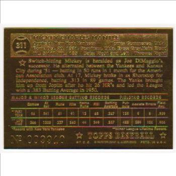 23 KT Gold - MICKEY MANTLE 1996 Topps '52 Rookie Year Limited Edition Card